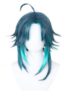 Game Genshin Impact Xiao Halloween Cosplay Dark Blue Gradient Lake Blue Upturned Short Wigs