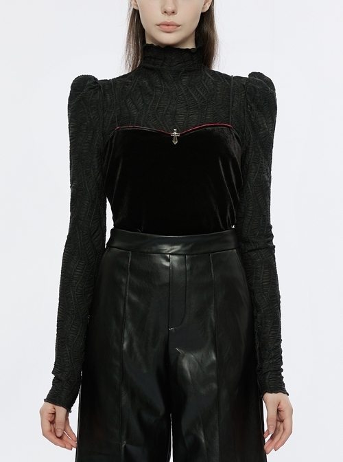 Black Turtleneck Elastic Texture Bottoming Shirt Metal Cross Buckle Velvet Sling Fitted Two-Piece Punk Long Sleeve T-Shirt