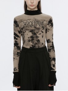 Black Brown High Collar Embroidered Dark Font On Chest Waist Slim Punk Long Sleeve T-Shirt