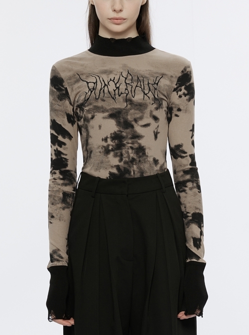 Black Brown High Collar Embroidered Dark Font On Chest Waist Slim Punk Long Sleeve T-Shirt