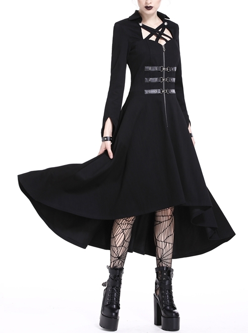 Black Buckle Zippered Leather Binds High Waisted Long Punk Dress