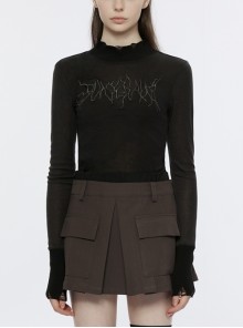 Black High Collar Embroidered Dark Font On Chest Waist Slim Punk Long Sleeve T-Shirt