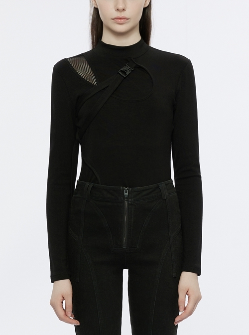 Black High Collar Shoulder Panel Mesh Fabric Off Shoulder Slim Punk Long Sleeve T-Shirt