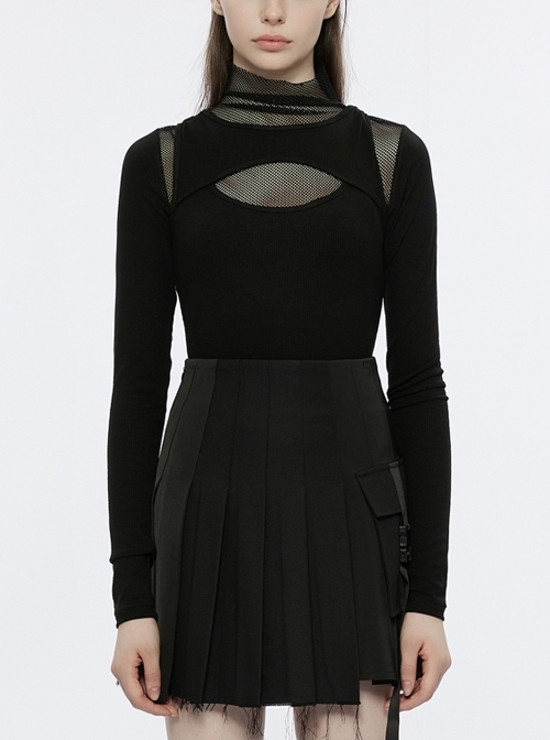 Black Chest And Shoulder Cutouts Knitted Mesh Stitching Fake Two Pieces Punk Long Sleeve T-Shirt