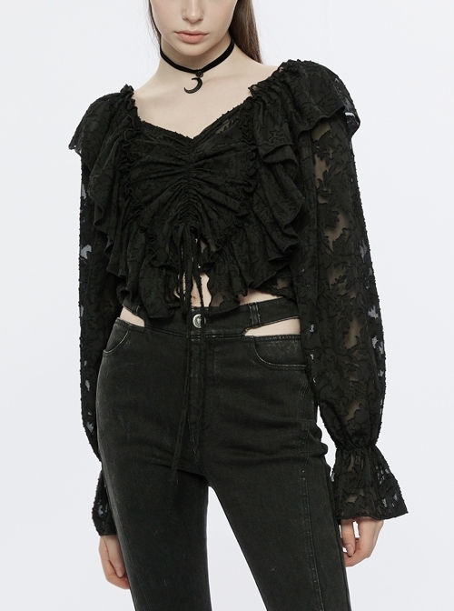 Black Front Center V-Neck Drawstring Lotus Leaf Border Chiffon Long Sleeve Cropped Punk Top