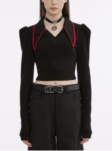 Black V-Neck Contrast Threaded Point Collar Long Lantern Sleeves Punk Slim Knitted T-Shirt