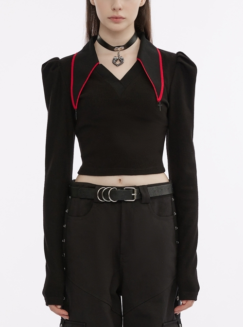 Black V-Neck Contrast Threaded Point Collar Long Lantern Sleeves Punk Slim Knitted T-Shirt