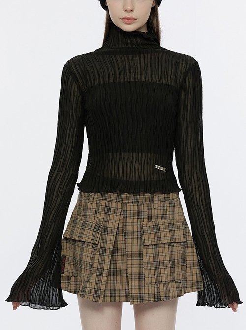 Black Small Stand Collar Crinkled Textured Chiffon Flared Long Sleeve Punk T-Shirt