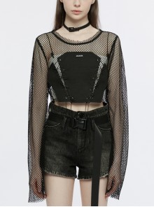 Black Round Neck Mesh Stitching Tube Top Tie Rope Fake Two-Piece Punk Loose Long-Sleeved T-Shirt