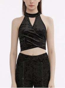 Black Adjustable Round Neck Front V-Shaped Cutout Back Strap Chinese Style Backless Gothic Velvet Embossed Tank Top