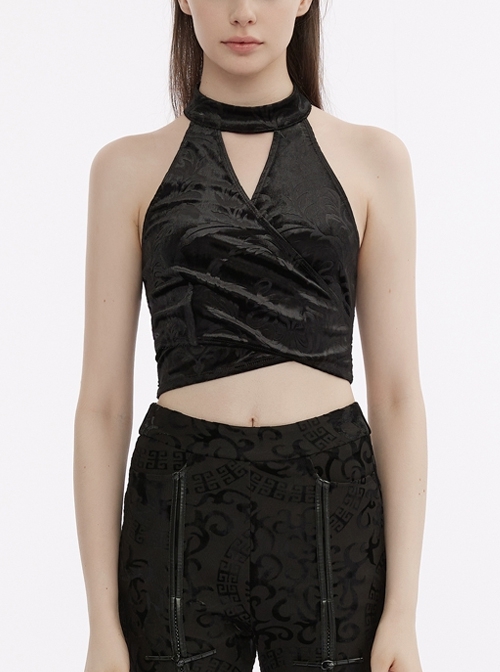 Black Adjustable Round Neck Front V-Shaped Cutout Back Strap Chinese Style Backless Gothic Velvet Embossed Tank Top