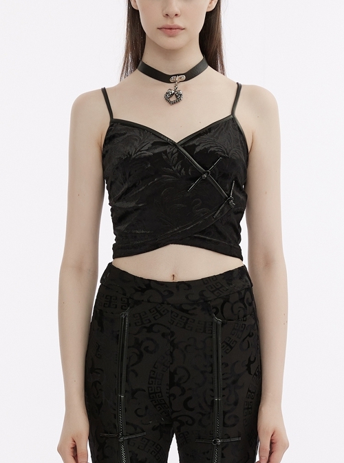 Black V Neck Disc Buckle Chinese Oblique Placket Gothic Velvet Embossed Cami Top