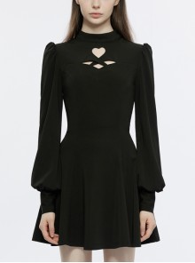 Black Stand Collar Front Center Cutout Back Neck Vented Jeweled Buckle Long Lantern Sleeve Punk Dress