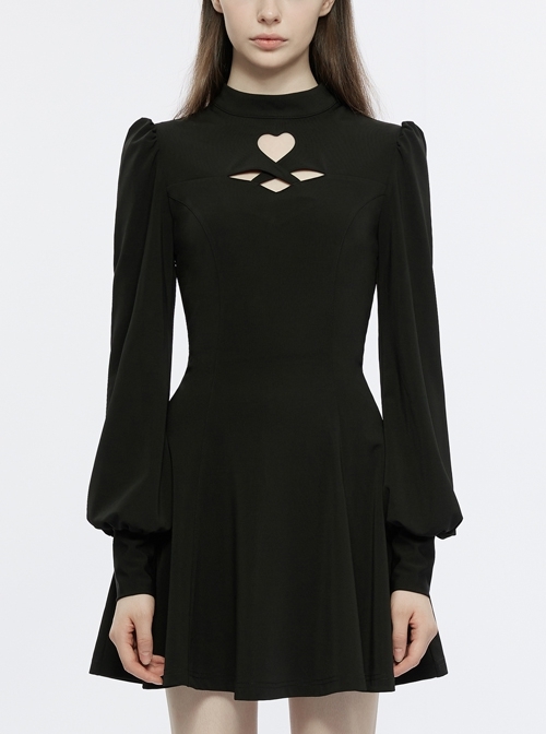 Black Stand Collar Front Center Cutout Back Neck Vented Jeweled Buckle Long Lantern Sleeve Punk Dress