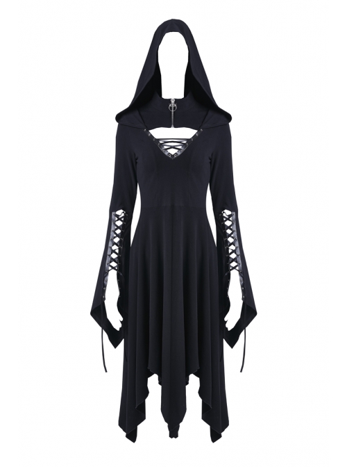 Black Lace-Up V-Neck Long Sleeves High Waisted Hooded Gothic Dress - Magic  Wardrobes