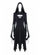 Black Lace-Up V-Neck Long Sleeves High Waisted Hooded Gothic Dress