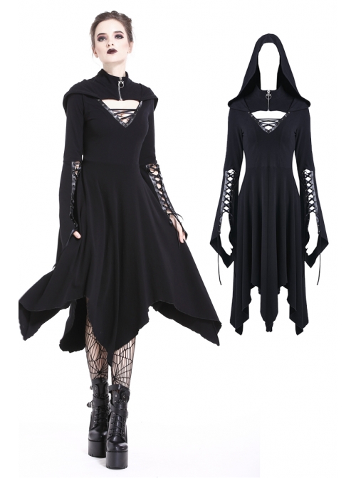 Black Lace-Up V-Neck Long Sleeves High Waisted Hooded Gothic Dress