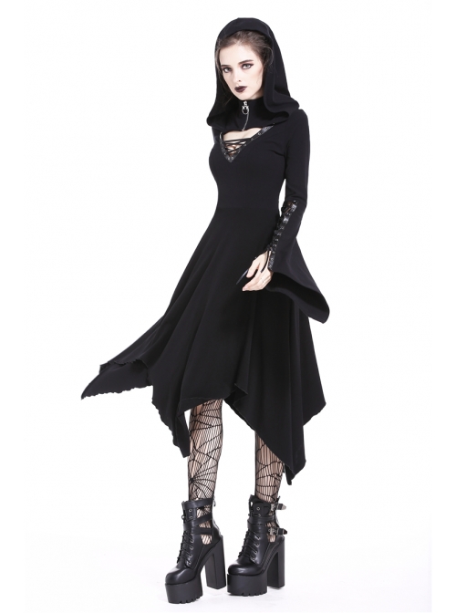 Black Lace-Up V-Neck Long Sleeves High Waisted Hooded Gothic Dress