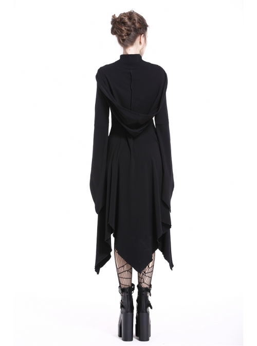Black Lace-Up V-Neck Long Sleeves High Waisted Hooded Gothic Dress