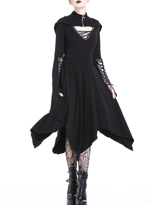 Black Lace-Up V-Neck Long Sleeves High Waisted Hooded Gothic Dress