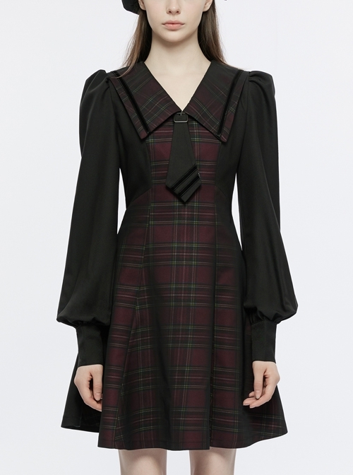 Black And Red Plaid Preppy Navy Lapel Detachable Tie Long Lantern Sleeve Punk Waist Dress