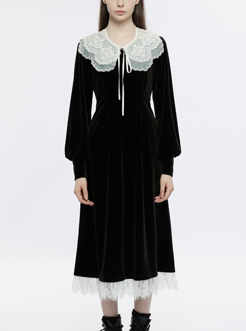 Black Crew Neck Detachable Lace Embroidered Collar Long Lantern Sleeves Fitted Straight Gothic Long Dress