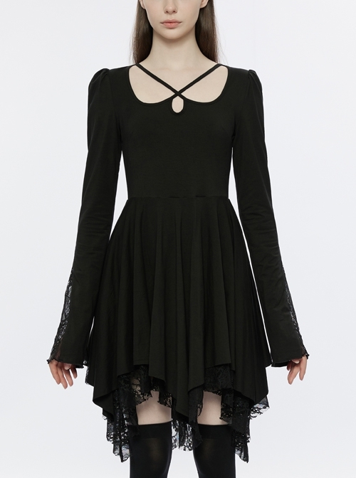 Black U Neckline Flared Sleeve Cuffs With Paneled Lace Trim Asymmetric Point Hem Paneled Lace Gothic Dress