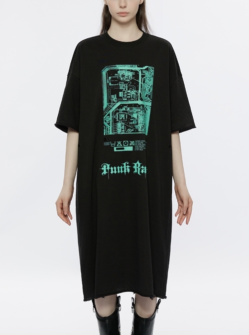 Black Green Crew Neck Waist Tie Punk Loose Long Printed Circuit Pattern Short Sleeve Knitted Fabric Dress