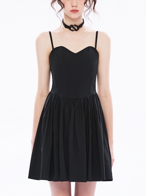 Black Suspenders Waist Pleated Wide Hem Punk Backless Dress