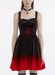 Black And Red Gradient 'The Knight' Embroidered Slip Collected Waist Large Hem Gothic Dress