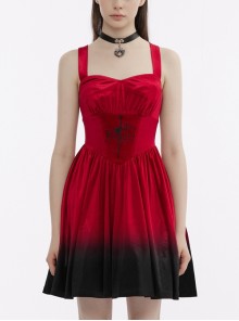 Red And Black Gradient 'The Knight' Embroidered Slip Collected Waist Large Hem Gothic Dress
