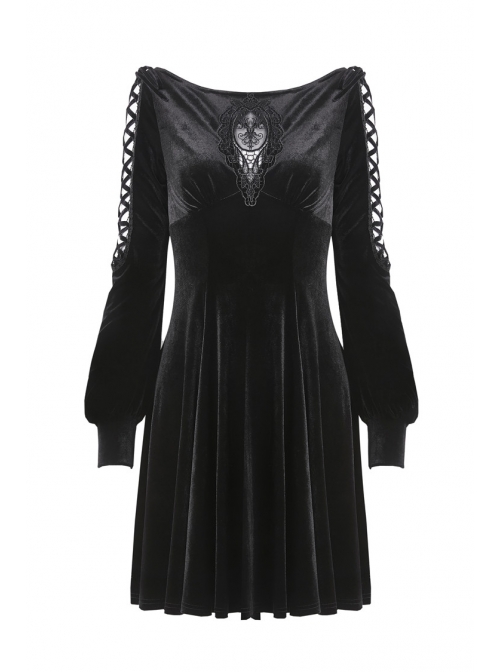 Black Lace-Up Hollow Embroidery High Waisted Velvet Midi Gothic Dress