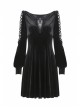 Black Lace-Up Hollow Embroidery High Waisted Velvet Midi Gothic Dress