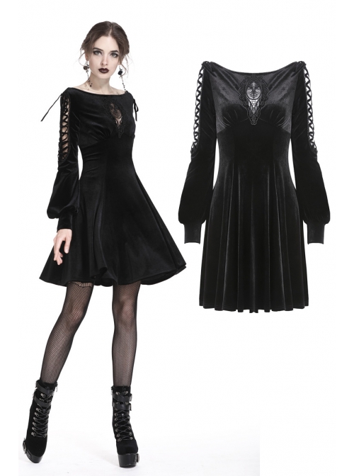 Black Lace-Up Hollow Embroidery High Waisted Velvet Midi Gothic Dress