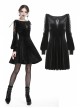 Black Lace-Up Hollow Embroidery High Waisted Velvet Midi Gothic Dress