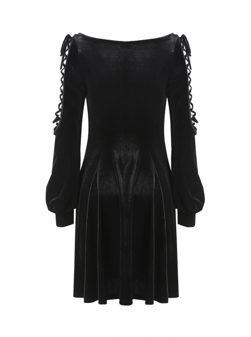 Black Lace-Up Hollow Embroidery High Waisted Velvet Midi Gothic Dress