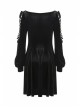 Black Lace-Up Hollow Embroidery High Waisted Velvet Midi Gothic Dress