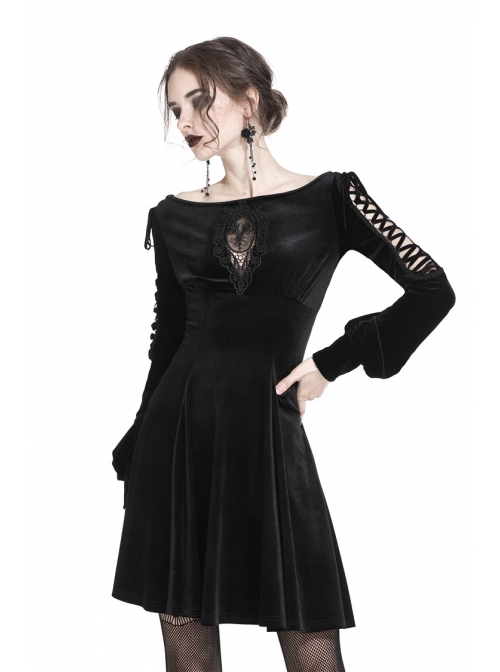 Black Lace-Up Hollow Embroidery High Waisted Velvet Midi Gothic Dress