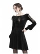 Black Lace-Up Hollow Embroidery High Waisted Velvet Midi Gothic Dress