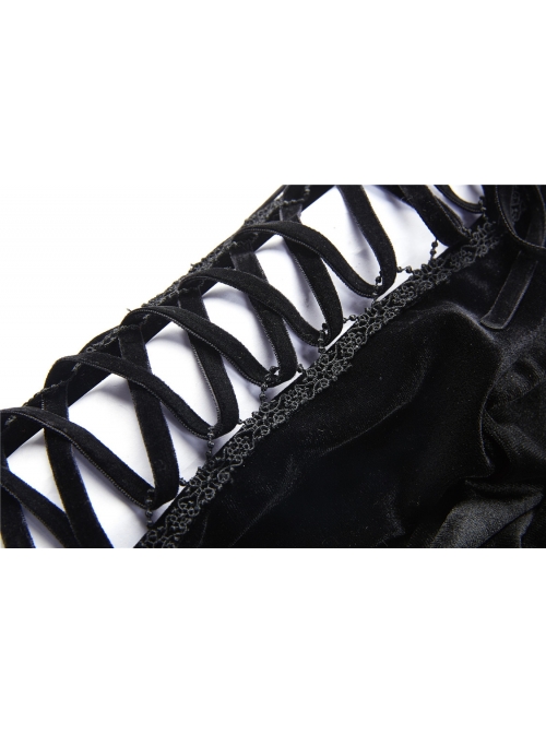 Black Lace-Up Hollow Embroidery High Waisted Velvet Midi Gothic Dress
