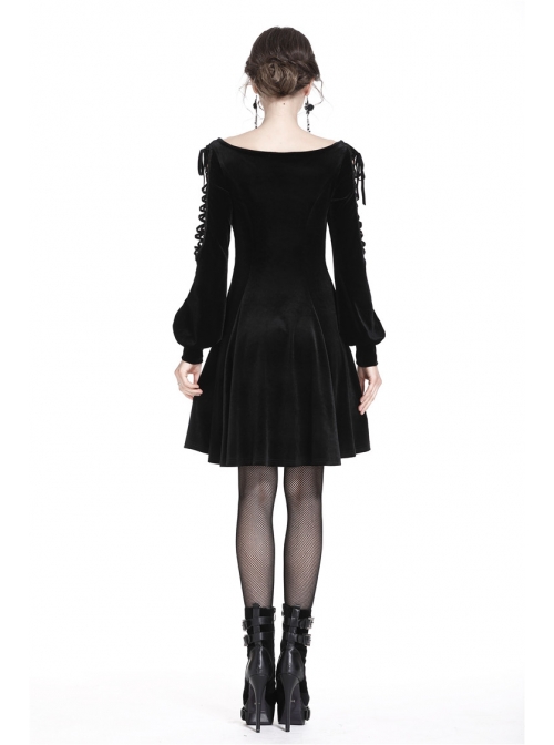 Black Lace-Up Hollow Embroidery High Waisted Velvet Midi Gothic Dress