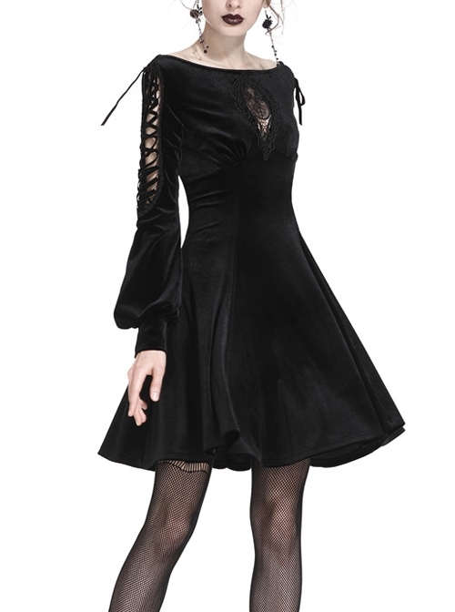 Black Lace-Up Hollow Embroidery High Waisted Velvet Midi Gothic Dress