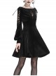Black Lace-Up Hollow Embroidery High Waisted Velvet Midi Gothic Dress
