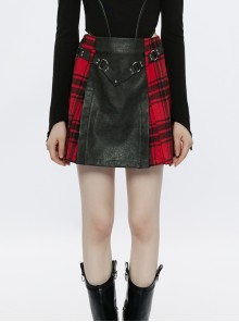 Black Cortex Splits Into Both Sides And Splices Red Plaid Fabric Punk A-Line Skirt