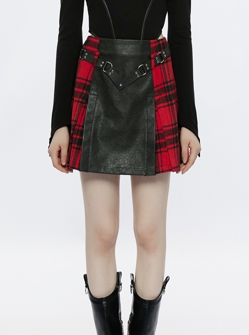 Black Cortex Splits Into Both Sides And Splices Red Plaid Fabric Punk A-Line Skirt