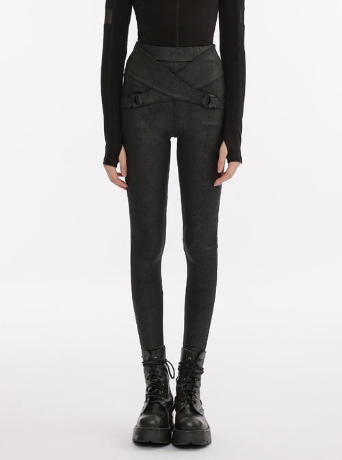 Black Cross Strap Buckle High-Stretch Printed Fabric Slim Fit Punk Long Leggings