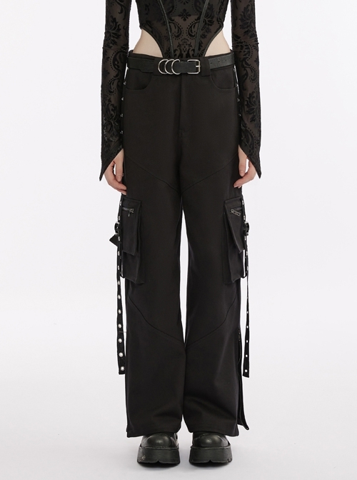 Black Three-Dimensional Pockets On Both Sides Medium Waist Loose Straight-Leg Cargo Punk Trousers