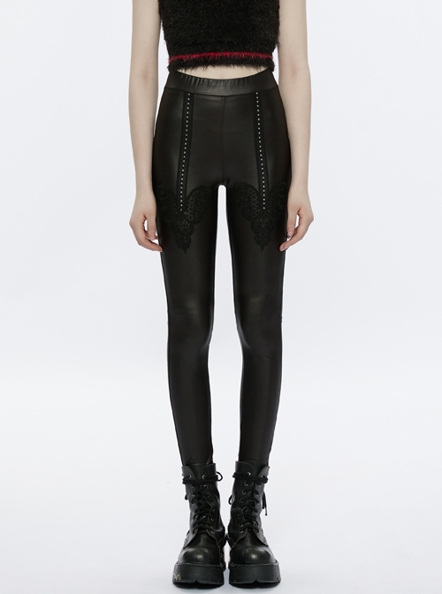 Black Heart Lace At Front Thigh Gothic Slim Elasticity Imitation Leather Long Leggings
