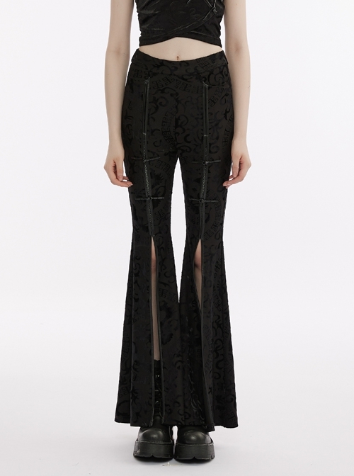 Black Front Side Slits On Trouser Legs Dragon Totem Punk Chinese Style Flared Pants