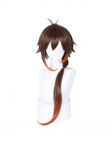 Game Genshin Impact Morax Zhongli Halloween Cosplay Black Gradient Orange Ponytail Short Wigs